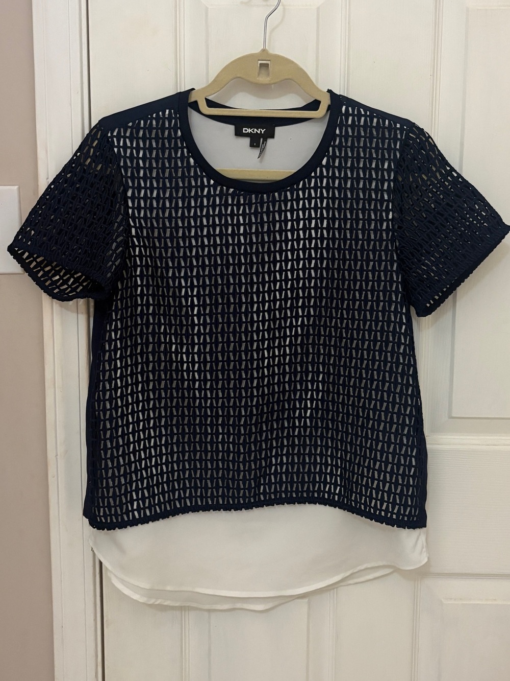 DKNY Open Knit Navy Short Sleeve Top with White Underlay